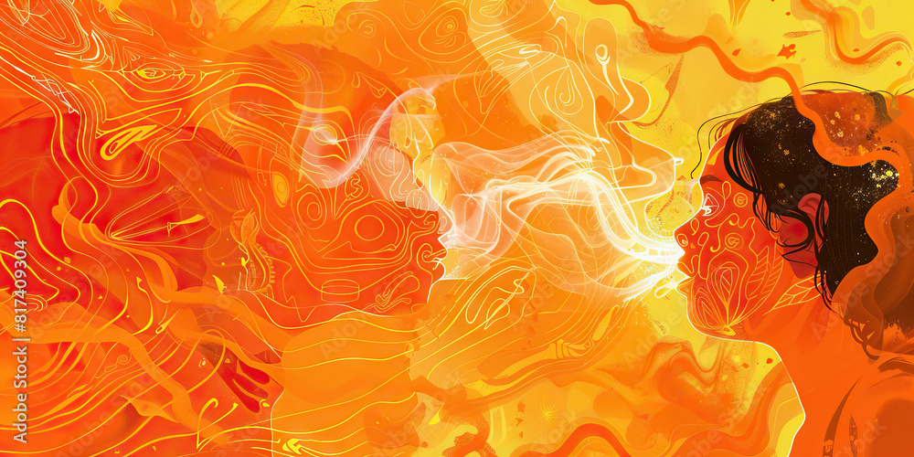 Warm Orange Ayahuasca: A traditional ceremony, with participants surrounded by vibrant orange smoke and patterns