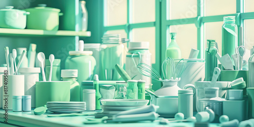 Minty Green. : A busy kitchen, filled with various mint-colored ingredients and utensils. 