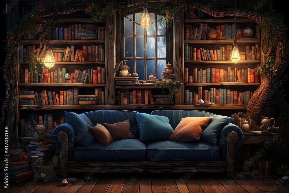 Library background flat design side view rustic cozy reading nook theme 3D render vivid