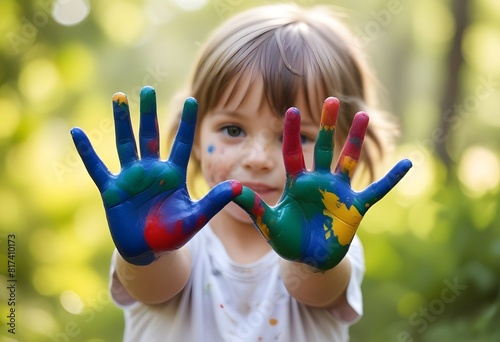 A young child s hands covered in colorful paint  with a blurred background of nature