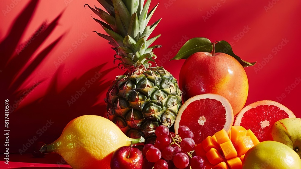 vibrant tropical fruits on bold red background fresh ingredients for detox juice antioxidant rich abstract still life photography vibrant tropical fruits on bold red background fresh ingredients for detox juice antioxidant rich abstract still life photography
