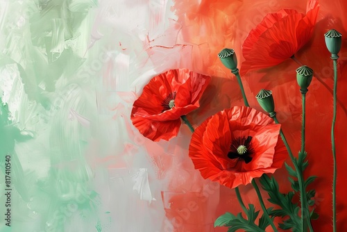 vibrant red poppy flowers on italian flag background for liberation day holiday festa della liberazione digital painting photo