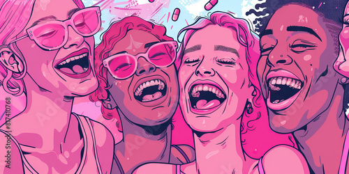 Soft Pink MDMA: A group of friends laugh and dance together, lost in the euphoria of the moment