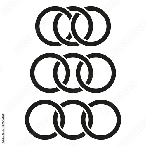 Intersecting circles vector design. Three black ring sets illustration. Continuous overlapping shapes concept.