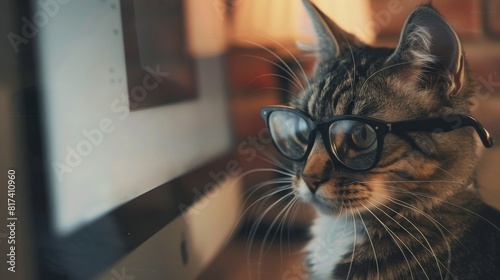 Nerdy cat with glasses, attentively studying a computer screen, adding a touch of intellectual flair to feline behavior.