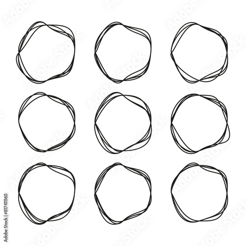 Set of nine scribble circle frames. Line art design. Abstract round borders. Vector illustration. EPS 10.