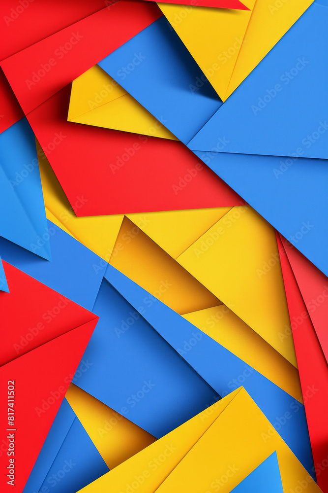 Fototapeta premium Abstract geometric 3D blank paper pieces pattern for background with blue, yellow and red colors, modern design style, minimalist