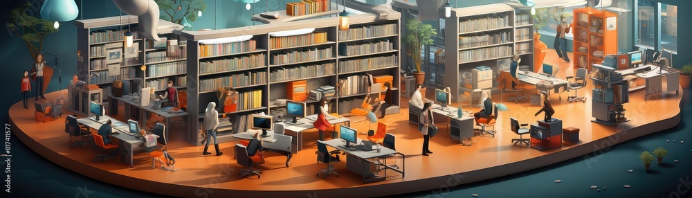 Library background flat design side view contemporary digital hub theme cartoon drawing Splitcomplementary color scheme Library background flat design side view contemporary digital hub theme cartoon drawing Splitcomplementary color scheme