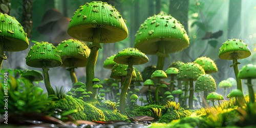 Vibrant Green Mushrooms: Intricately designed mushrooms of various hues grow in a lush, forested environment.