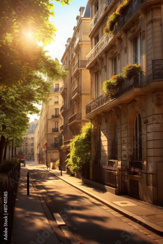 A quiet street bathed in morning sunlight  with classic architecture and lush greenery