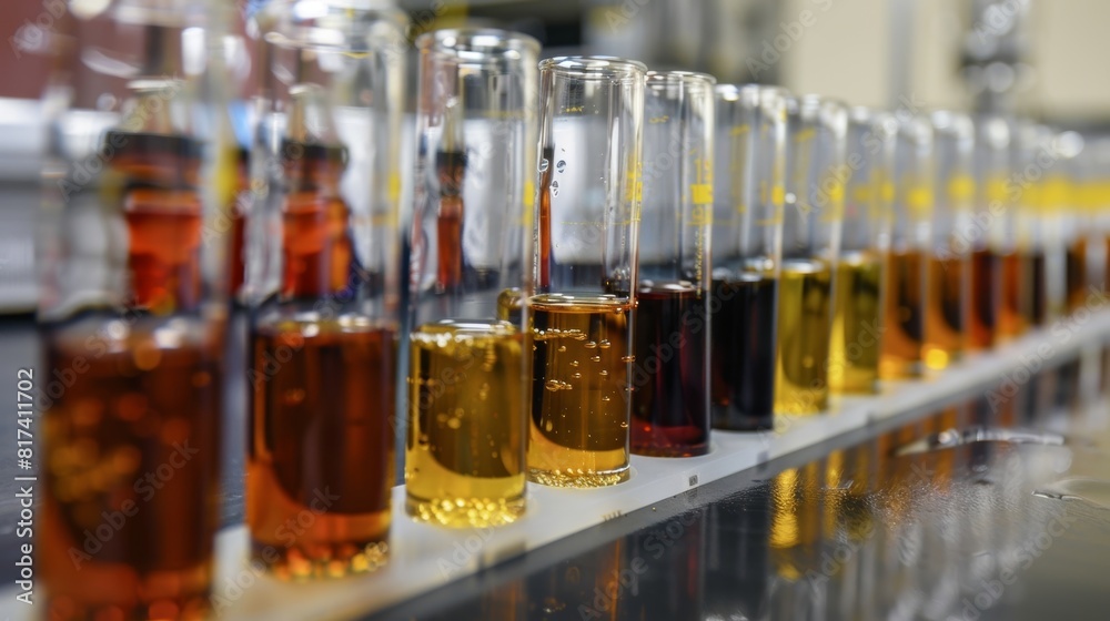 A series of test tubes filled with different colored liquids are lined up on a lab bench indicating different types of petroleum. A series of test tubes filled with different colored liquids are lined up on a lab bench indicating different types of petroleum.