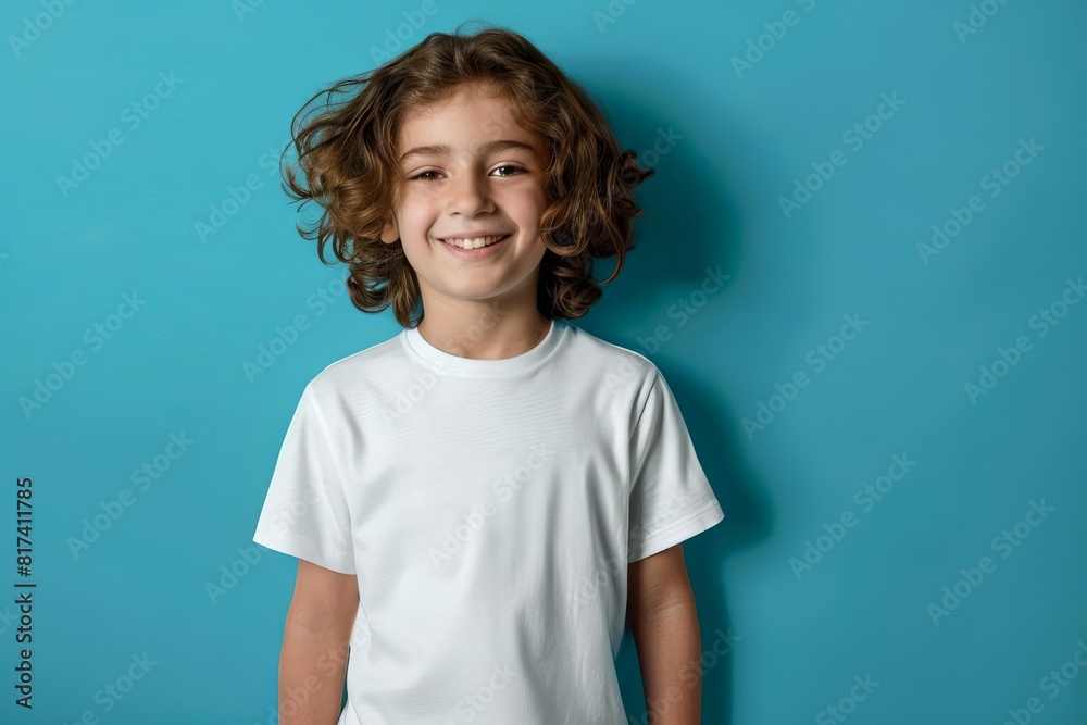 young boy wearing white bella canvas tshirt mockup blue background ai generated design template young boy wearing white bella canvas tshirt mockup blue background ai generated design template