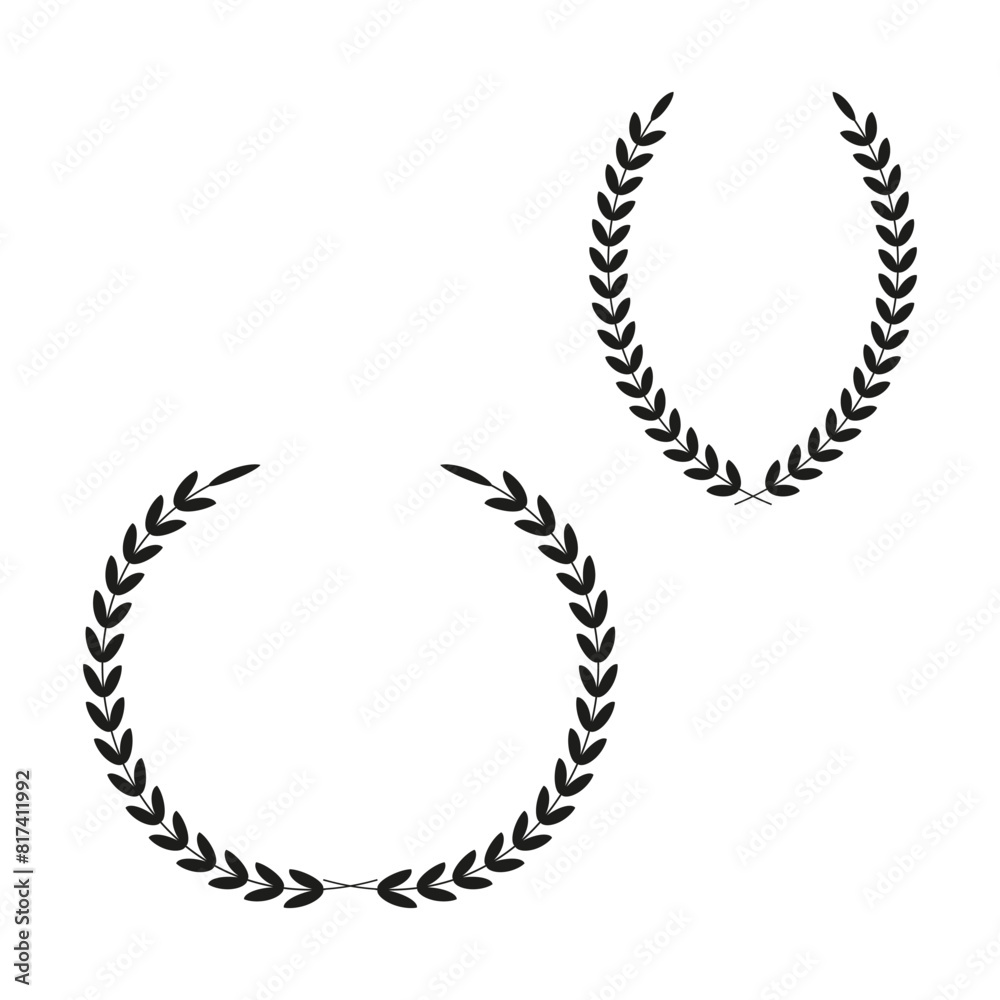 Obraz premium Laurel wreath pair set. Classic victory symbol. Black leaf Vector design. Award ceremony icon.