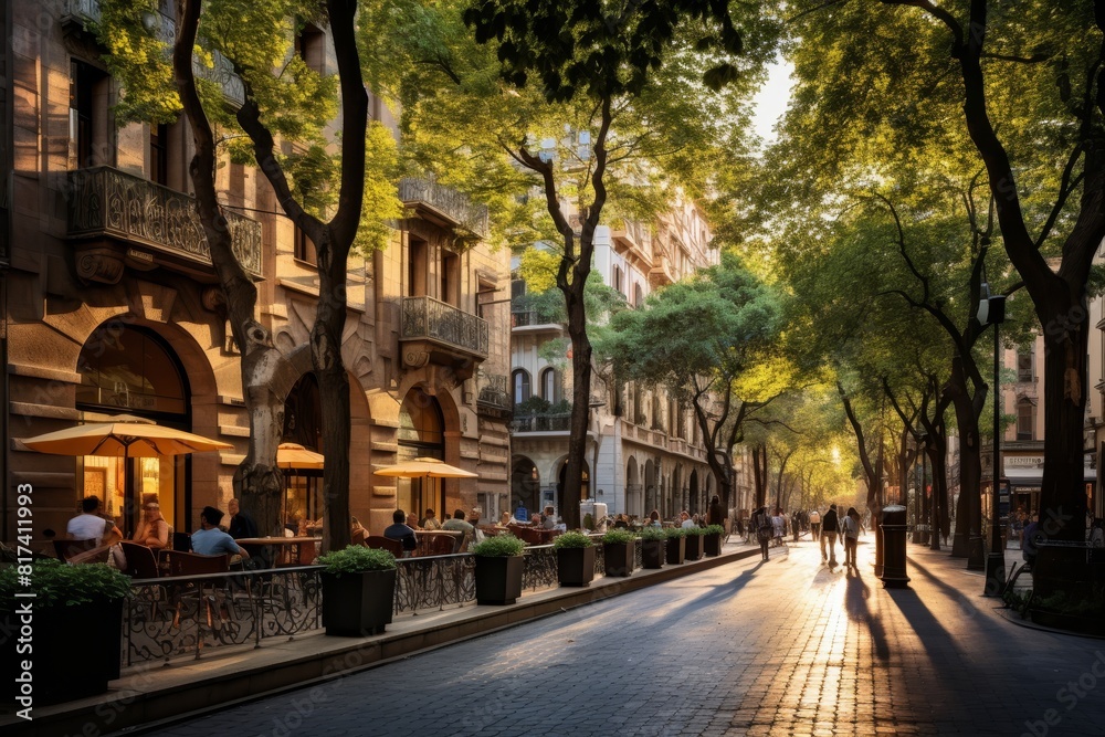 An Enchanting Tree-Lined City Street with Antique Buildings and Cafes at Dusk An Enchanting Tree-Lined City Street with Antique Buildings and Cafes at Dusk