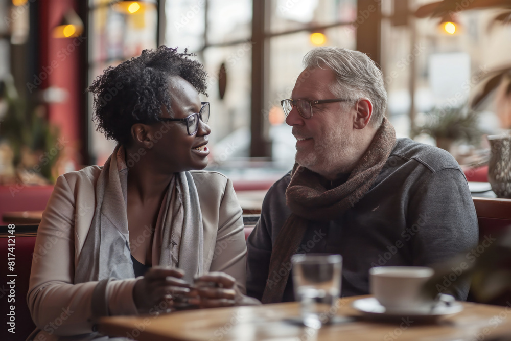 a middle-aged interracial couple sitting together in the cafe at afternoon. a middle-aged interracial couple sitting together in the cafe at afternoon.