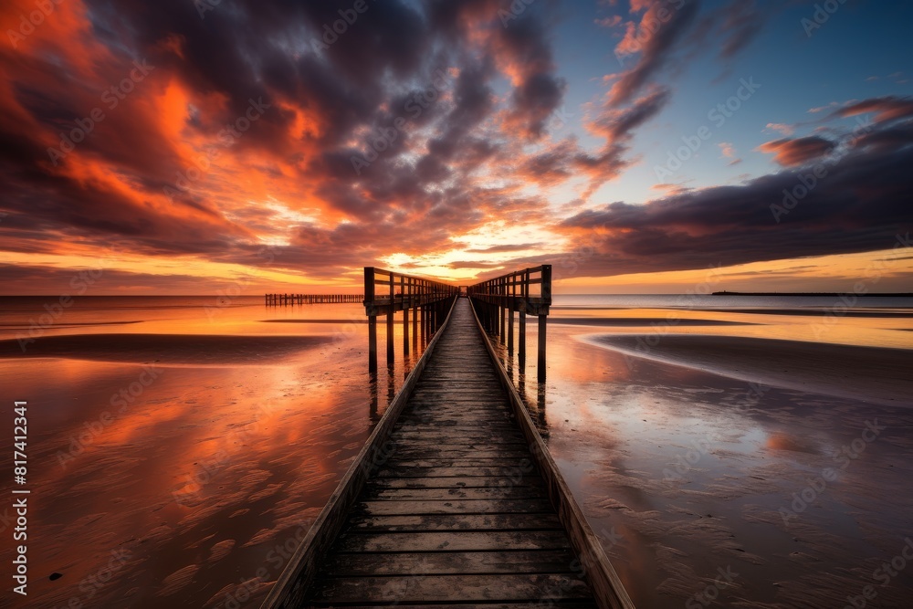 Fototapeta premium The Tranquil Beauty of a Weathered Ocean Pier at Sunset with Birds Gliding Overhead
