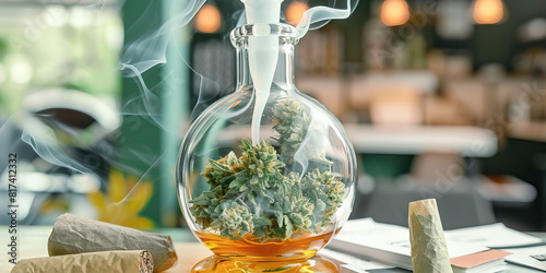A bong filled with cannabis sits atop a collection of rolling papers, inviting users to enjoy its soothing, hazy smoke