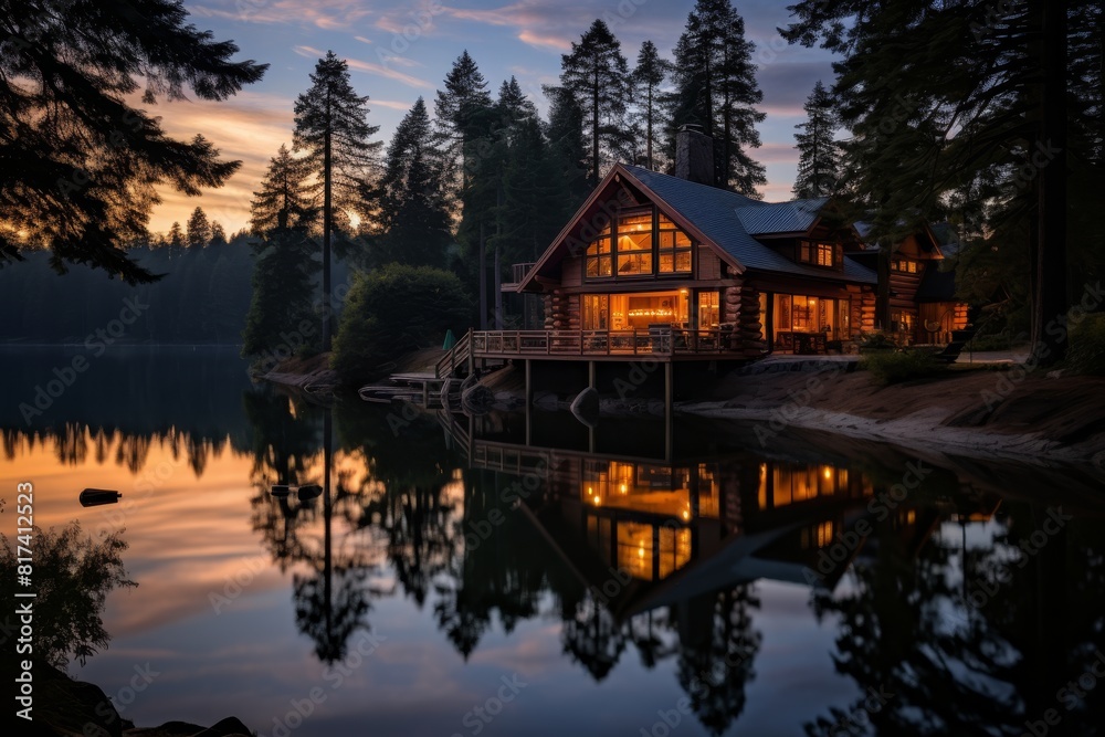 The Warm Glow of Sunset Reflecting off a Secluded Lakeside Fishing Lodge Surrounded by Pine Trees The Warm Glow of Sunset Reflecting off a Secluded Lakeside Fishing Lodge Surrounded by Pine Trees