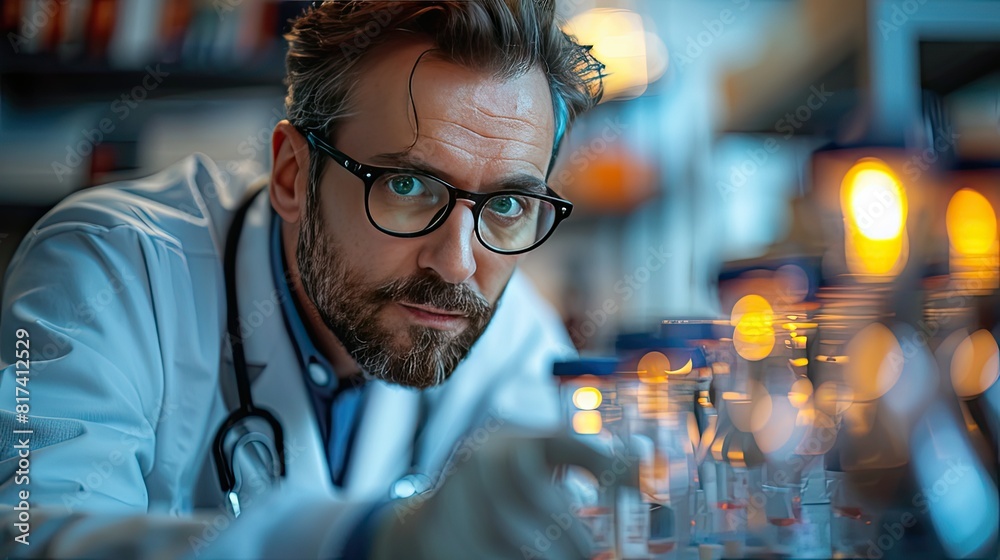 Portrait of a medical researcher working on groundbreaking innovations, with a lab setting and modern medical tools Portrait of a medical researcher working on groundbreaking innovations, with a lab setting and modern medical tools
