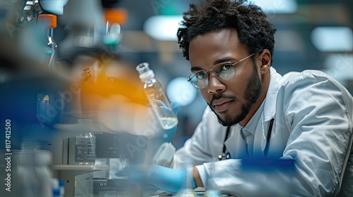 Portrait of a medical researcher working on groundbreaking innovations, with a lab setting and modern medical tools