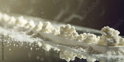 A line of cocaine rests innocently on a mirror it's powder in a pile. Drugs.