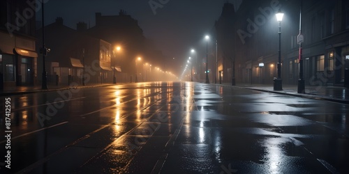 A wet, empty city street at night with street lamps illuminating the scene, creating reflections on the wet pavement © Studio Art