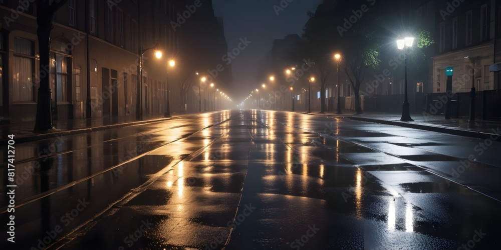 A wet, empty city street at night with street lamps illuminating the scene, creating reflections on the wet pavement