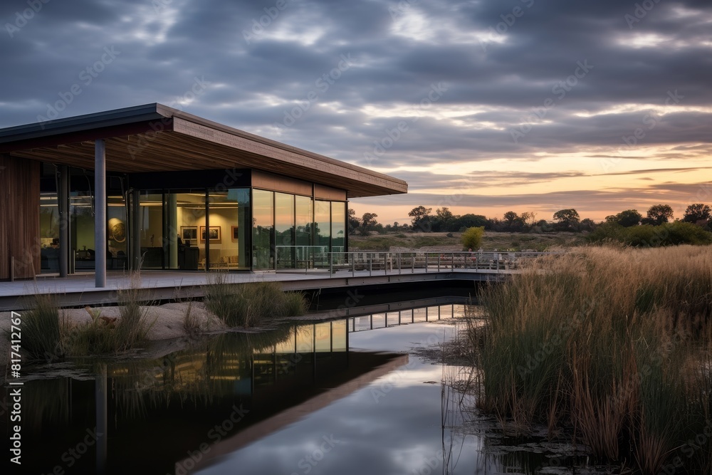 Dusk Descends on the Contemporary Design of the Forest Interpretive Center Amidst a Verdant Landscape Dusk Descends on the Contemporary Design of the Forest Interpretive Center Amidst a Verdant Landscape