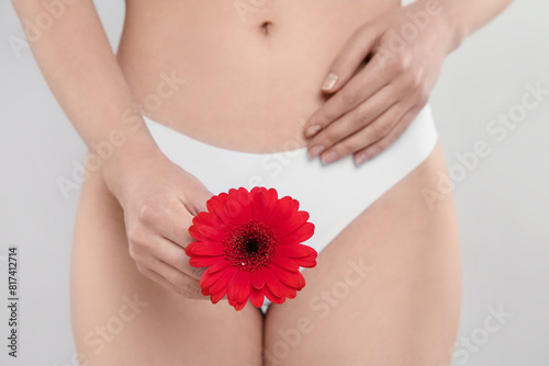 Gynecology. Woman in underwear with gerbera flower on light background, closeup