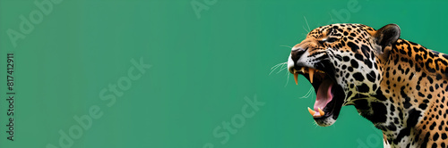 Roaring jaguar web banner. Jaguar isolated on green background with copy space.