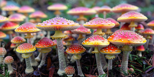 A field of psychedelic mushrooms sits atop a forest floor, their bright hues popping against the rich earth © Lila Patel