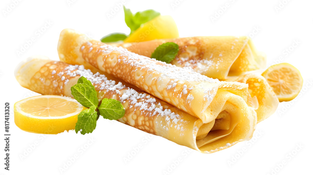 Sweet crepes filled with lemon curd, rolled and sprinkled with powdered sugar, served with lemon slices and mint, transparent background Sweet crepes filled with lemon curd, rolled and sprinkled with powdered sugar, served with lemon slices and mint, transparent background
