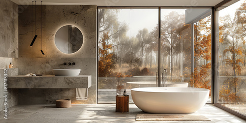 Contemporary bathroom with sweeping autumn forest views.