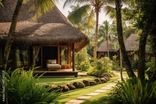 Traditional Tropical Bungalow with Thatched Roofs Surrounded by Dense Palm Trees Offering a Serene Vacation Spot