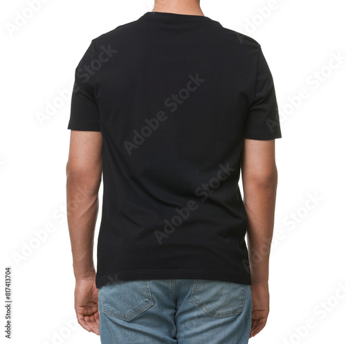 Man wearing black t-shirt on white background, closeup
