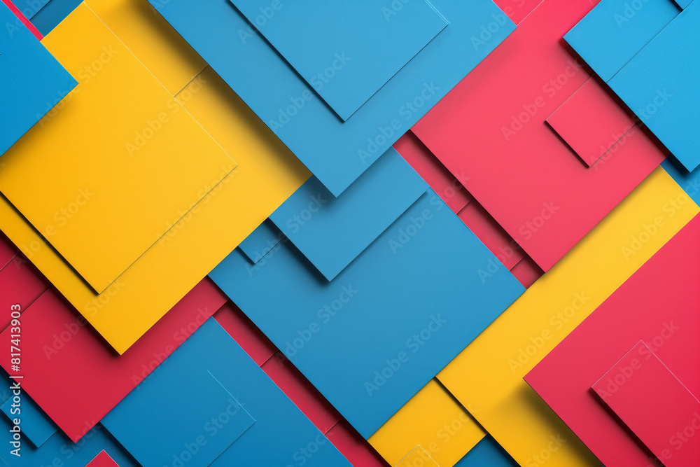 Abstract geometric 3D blank paper pieces pattern for background with blue, yellow and red colors, modern design style, minimalist Abstract geometric 3D blank paper pieces pattern for background with blue, yellow and red colors, modern design style, minimalist