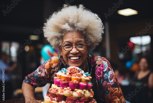 Happy Elderly Black Woman Holding Colorful Cake at Celebration