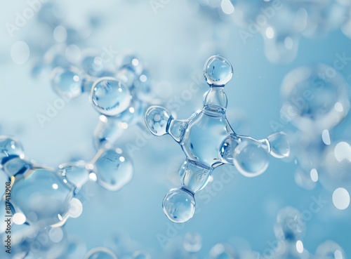 3D illustration of water molecules on a light blue background, closeup view, high detail, in the style of hyperrealism.