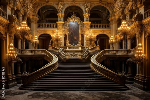 An Artistic Depiction of an Ornate Opera House Illuminated in the Evening Light
