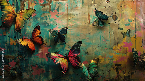 A symphony of vibrant colors emerges from aged wallpaper--butterflies in stasis. photo