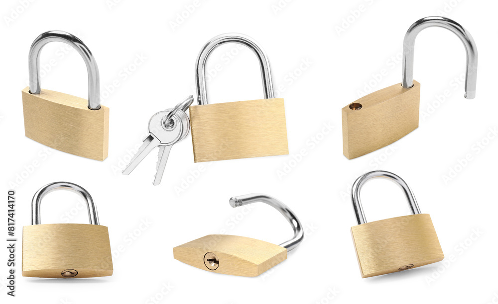 Steel padlock isolated on white, different sides. Set Steel padlock isolated on white, different sides. Set