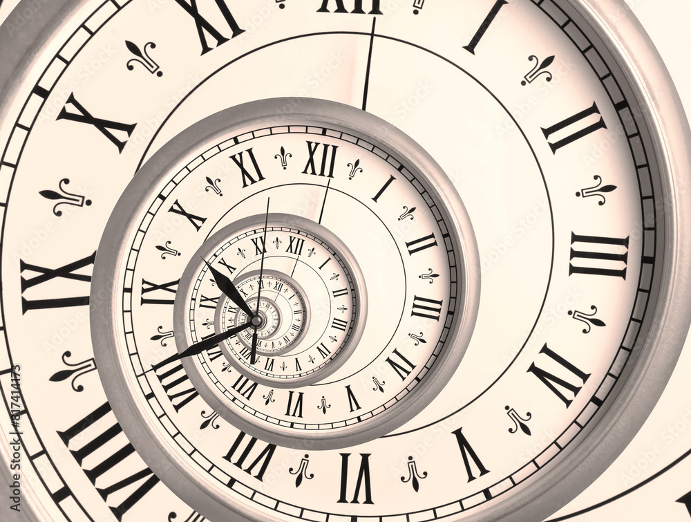Infinity and other time related concepts. Beige clock face with roman numerals twisted in spiral, fractal pattern Infinity and other time related concepts. Beige clock face with roman numerals twisted in spiral, fractal pattern