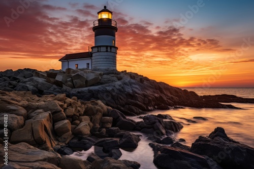 A Captivating Image of a Coastal Lighthouse at Twilight Casting its Light Over the Rugged Seashore