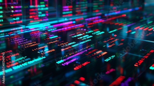 Abstract data visualization of an office server room with digital charts and graphs on the screen, representing business technology and financial equipment.