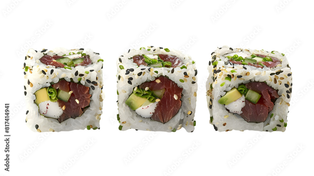 Three sushi rolls - California, spicy tuna, and veggie -, transparent background Three sushi rolls - California, spicy tuna, and veggie -, transparent background