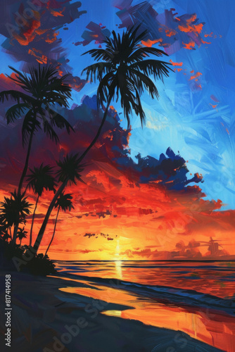 A vibrant sunset over a tropical beach, with palm trees silhouetted against the colorful sky.  © grey