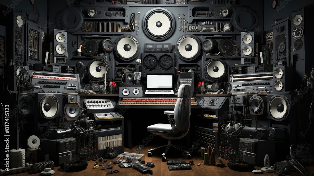 Music Room background flat design top view eclectic electronic producers lab theme 3D render black and white Music Room background flat design top view eclectic electronic producers lab theme 3D render black and white
