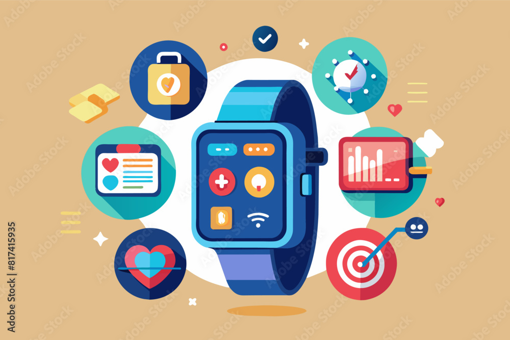 Smart watch with various icons displayed on screen.