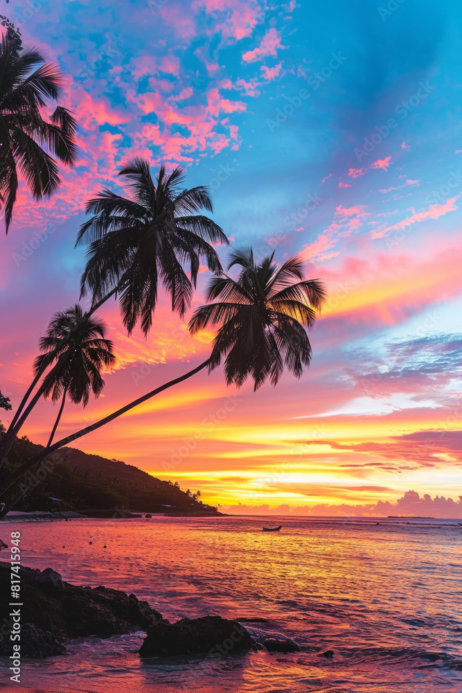 A vibrant sunset over a tropical beach, with palm trees silhouetted against the colorful sky. 