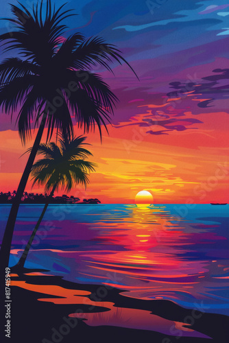 A vibrant sunset over a tropical beach  with palm trees silhouetted against the colorful sky. 